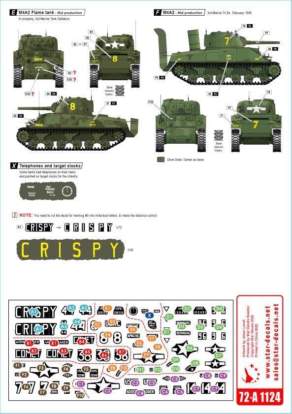 Star Decals 72-A1124 US PACIFIC WARS - IWO JIMA USMC Sherman tanks 1/72 – immagine 2