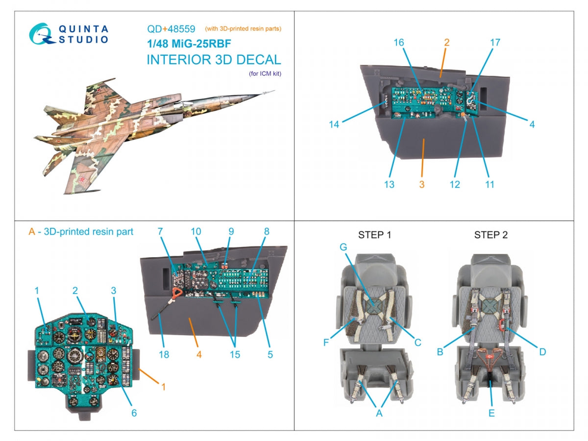 Quinta Studio QD+48559 MiG-25RBF 3D-Printed &amp;amp; coloured Interior on decal paper (ICM) (with 3D-printed resin parts) 1/48 – Bild 15
