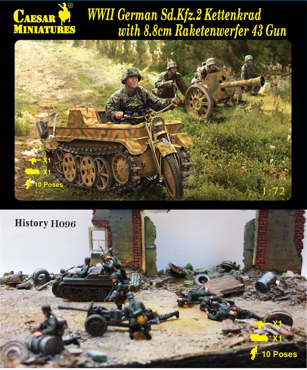 Caesar Miniatures H096 WW2 German Sd.Kfz.2 Kettenkrad w.8.8cm Reketenwerfer 43 Gun 1/72