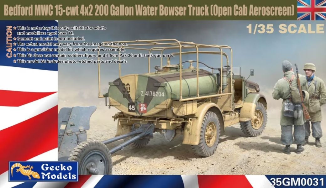 Camion-citerne à eau Gecko Models 35GM0031 Bedford MWC 15-cwt 4x2 200 gallons (cabine ouverte, pare-brise aérodynamique) 1/35