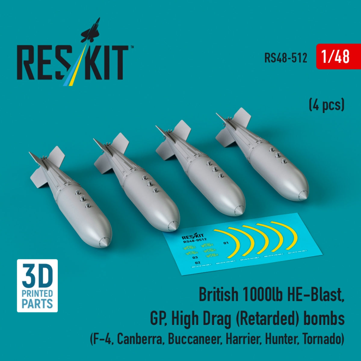 RESKIT RS48-0512 British 1000lb HE-Blast, GP, High Drag (Retarded) bombs (4 pcs) (3D printed) 1/48