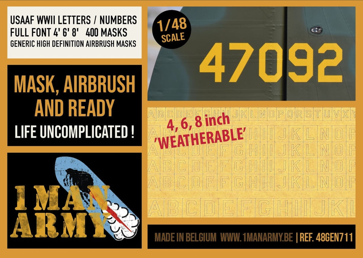 1 Man Army 48GEN711 USAAF WWII Letters / Numbers Full font 4' 6' 8' Generic Set 1/48