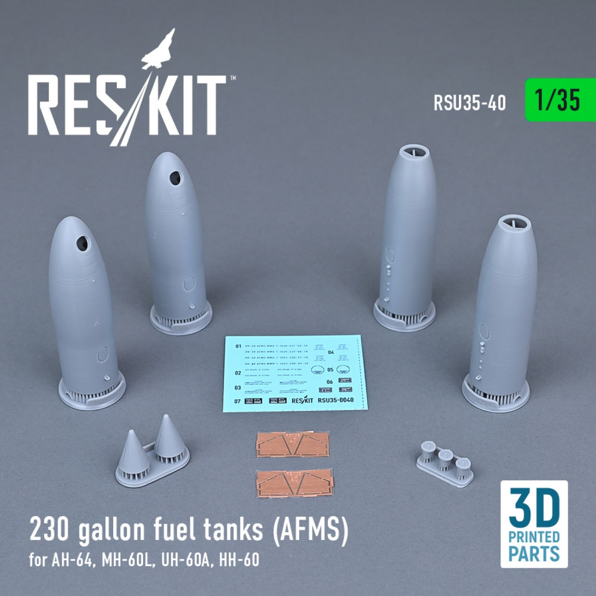 RESKIT RSU35-0040 230 GALLON FUEL TANKS (AFMS) FOR AH-64, MH-60L, UH-60A, HH-60 (2 PCS) (3D PRINTED) 1/35 – immagine 2