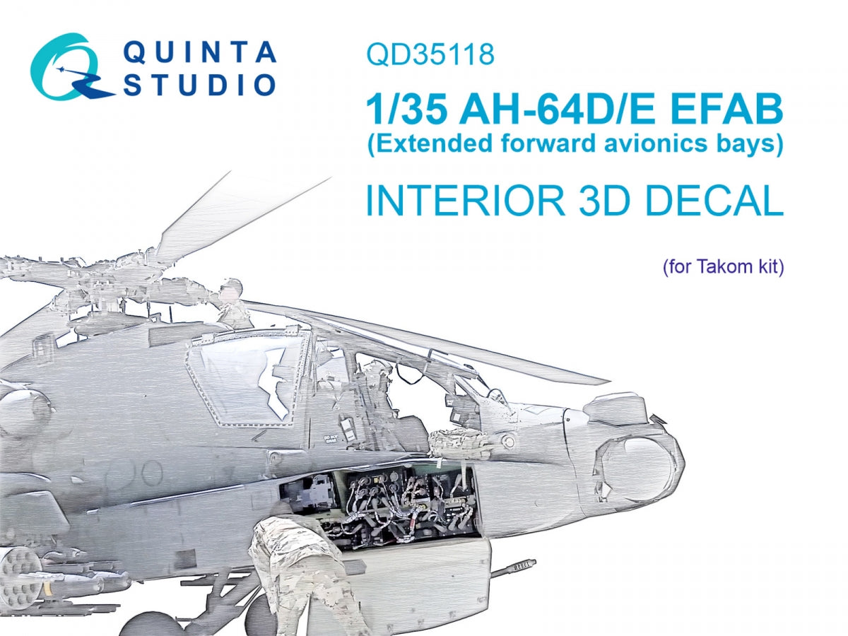 Quinta Studio QD35118 AH-64D Extended forward avionics bays 3D-Printed &amp;amp; coloured Interior on decal paper (Takom) 1/35