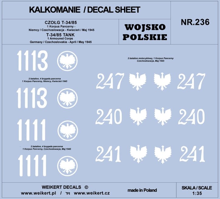 Weikert Decals DEC236 WOJSKO POLSKIE - CZOŁG T-34/85 - 1 Korpus Pancerny 1/35