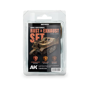 AK Interactive AK14031 RUST &amp; EXHAUST SET – ENAMEL LIQUID PIGMENT SET 3x35ml