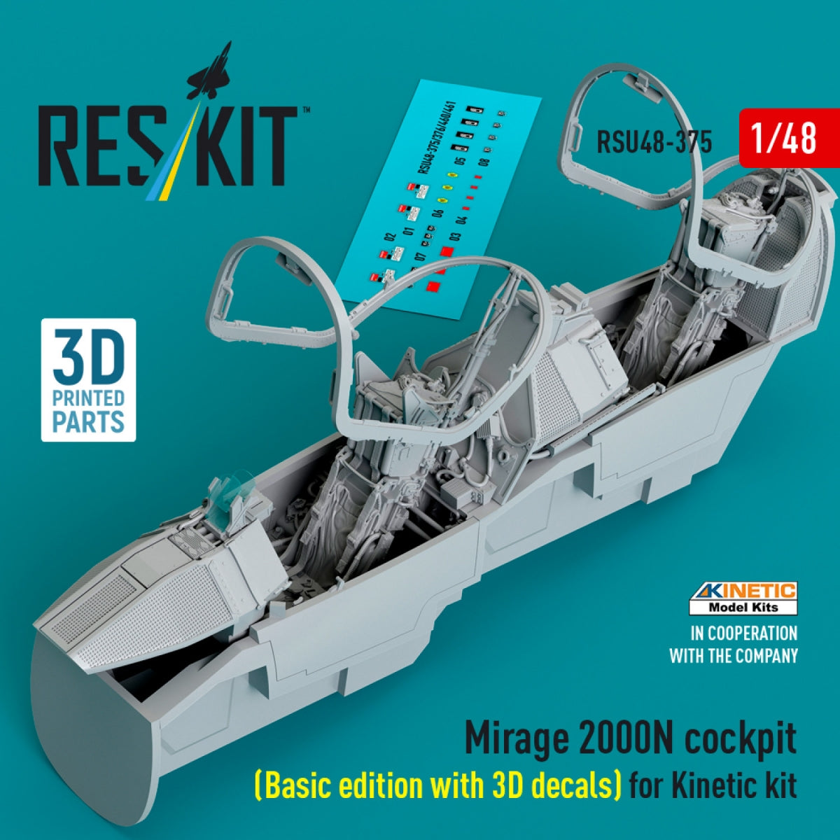 RESKIT RSU48-0375 Mirage 2000N cockpit (Basic edition with 3D decals) for Kinetic kit (3D Printed) 1/48