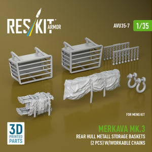 RESKIT AVU35-0007 Merkava Mk.3 rear hull metall storage baskets (2 pcs) w/workable chains for Meng kit (3D Printed) 1/35