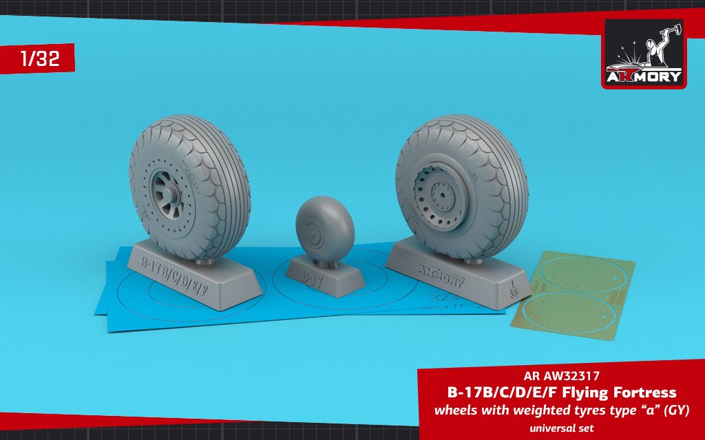 Armory Models AW32317 B-17B/C/D/E/F Flying Fortress wheels w/ weighted tires type “a” (GY) PE hubcaps 1/32