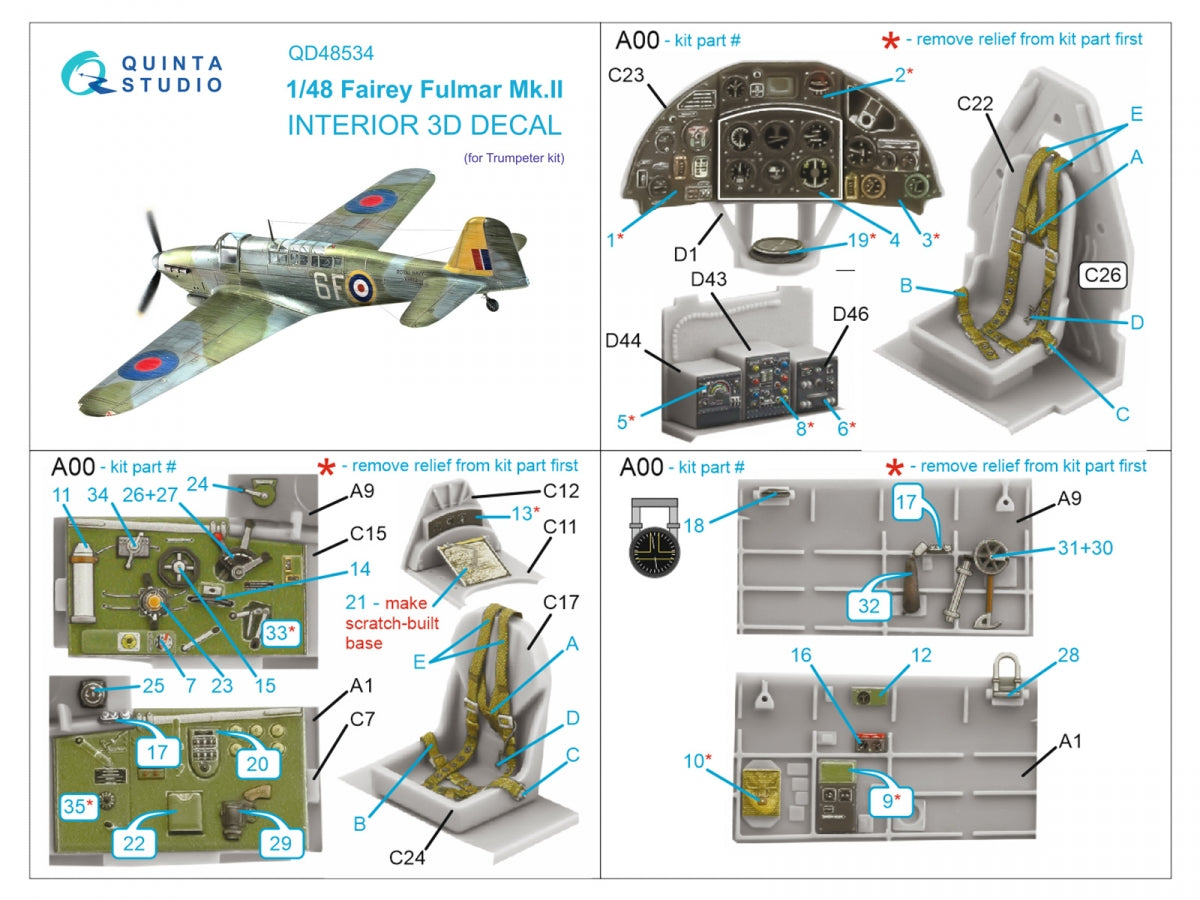 Quinta Studio QD48534 Fairey Fulmar Mk.II 3D-Printed &amp;amp; colored Interior on decal paper (Trumpeter) 1/48 – image 2