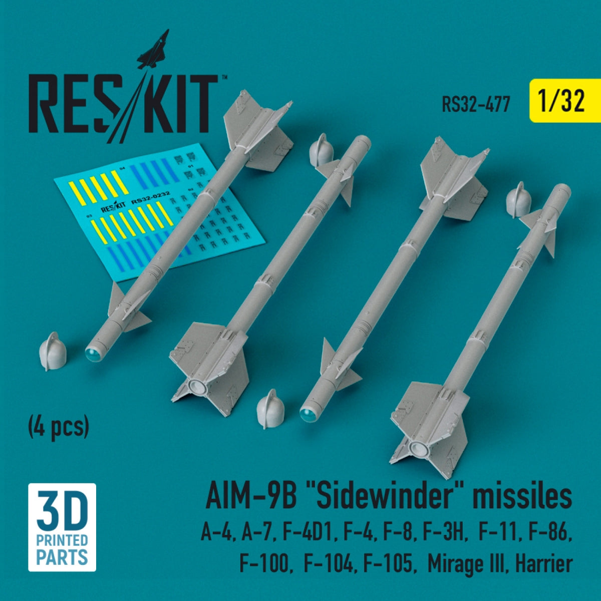 RESKIT RS32-0477 AIM-9B "Sidewinder" missiles (4 pcs) (3D Printed) 1/32
