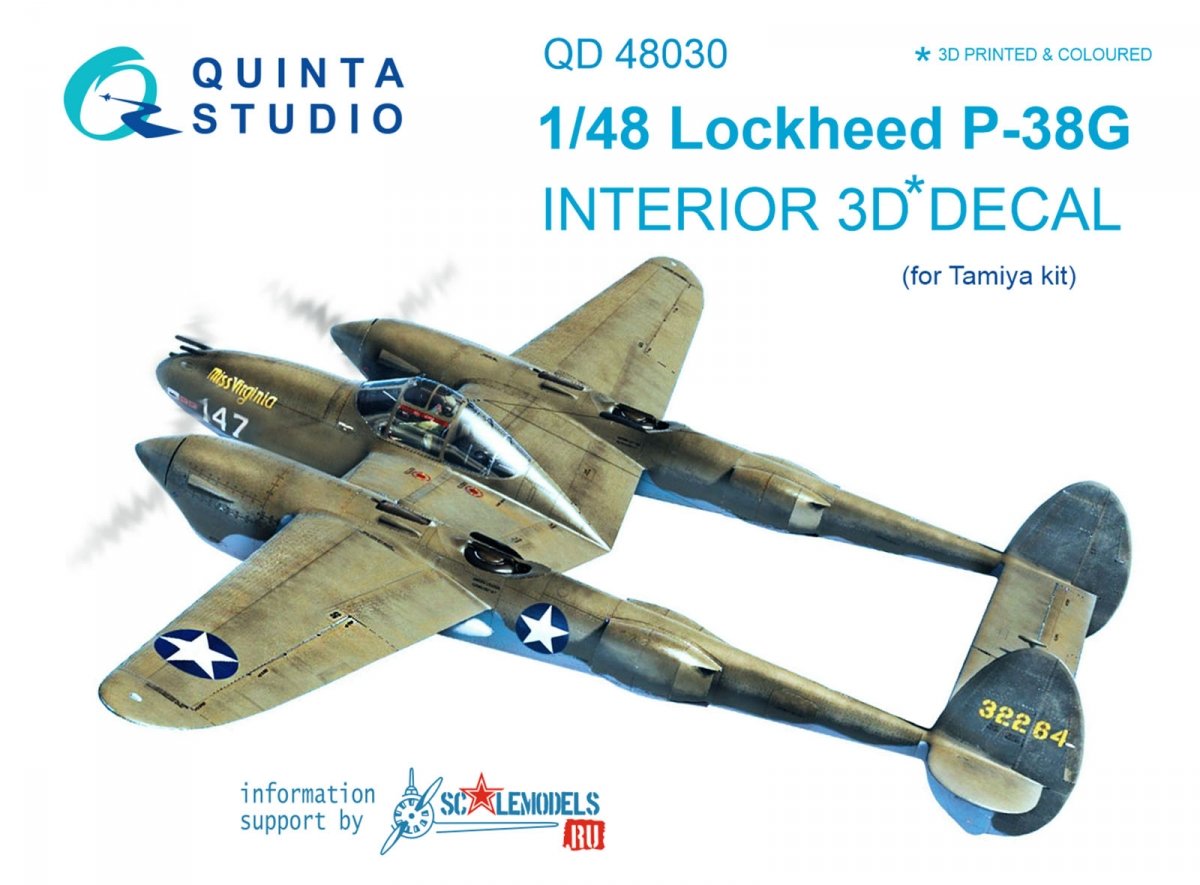 Quinta Studio QD48030 P-38G 3D-Printed &amp;amp; coloured Interior on decal paper (for Tamiya kit) 1/48