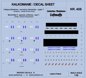 Weikert Decals DEC408 Uniformes allemands - Partie 1 - Luftwaffe - Division Hermann Goring 1/35