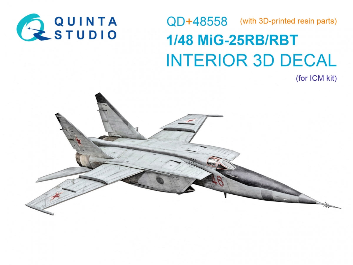 Quinta Studio QD+48558 MiG-25RB/MiG-25RBT 3D-Printed &amp;amp; coloured Interior on decal paper (ICM) (with 3D-printed resin parts) 1/48