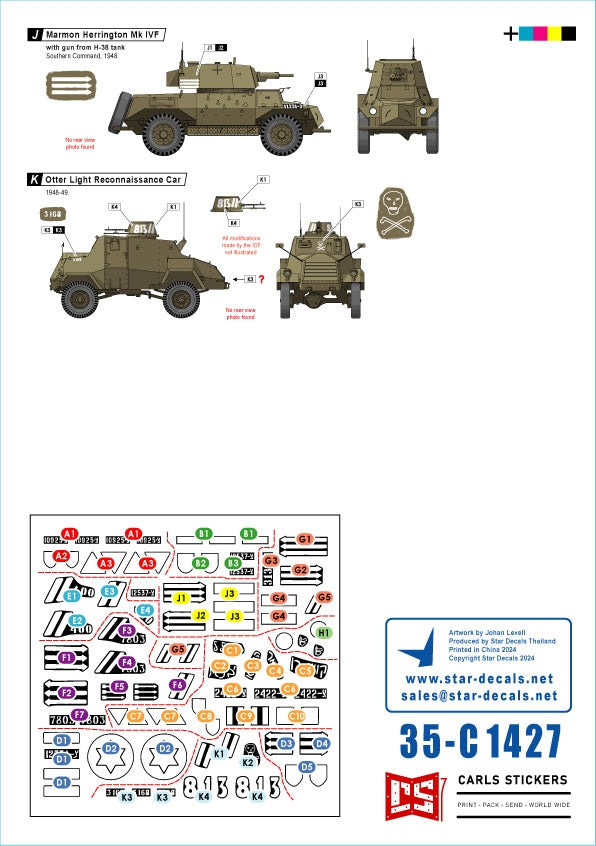Star Decals 35-C1427 Early IDF markings # 1. Israeli armoured cars and AFVs in 1948-49. Daimler AC Mk 2, Humber AC Mk IV, Humber LRC, Marmon-Herrington Mk IVF, M3 White Scout Car, Humber SC, CMP C15TA. 1/35 – immagine 3
