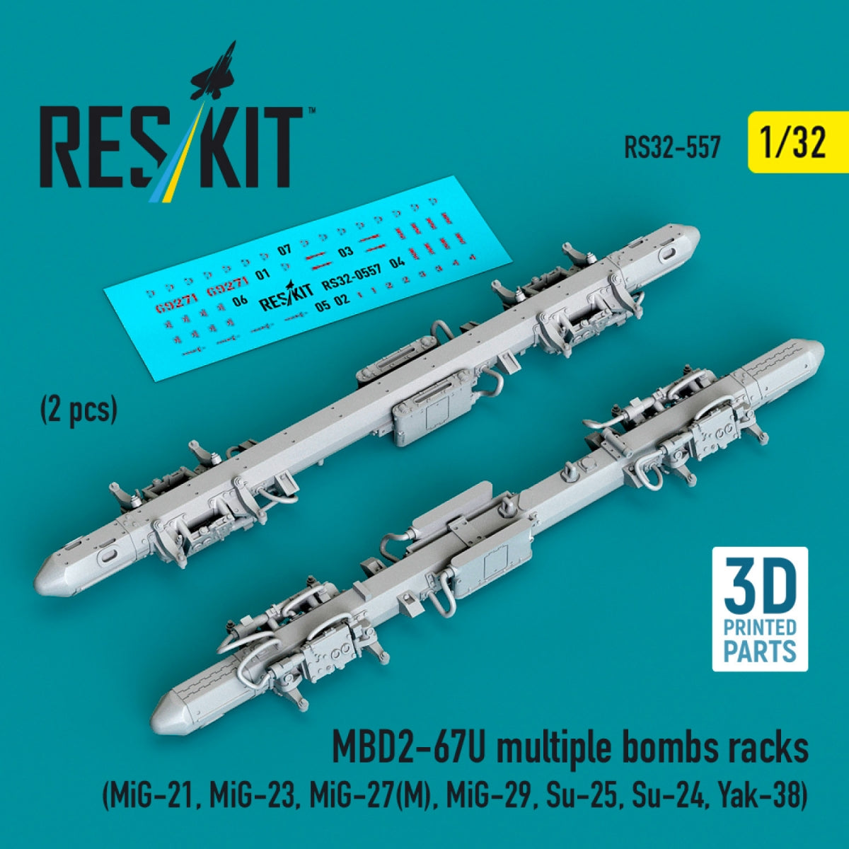 RESKIT RS32-0557 MBD2-67U multiple bombs racks (2 pcs) (MiG-21, MiG-23, MiG-27(М), MiG-29, Su-25, Su-24, Yak-38) (3D Printed) 1/32