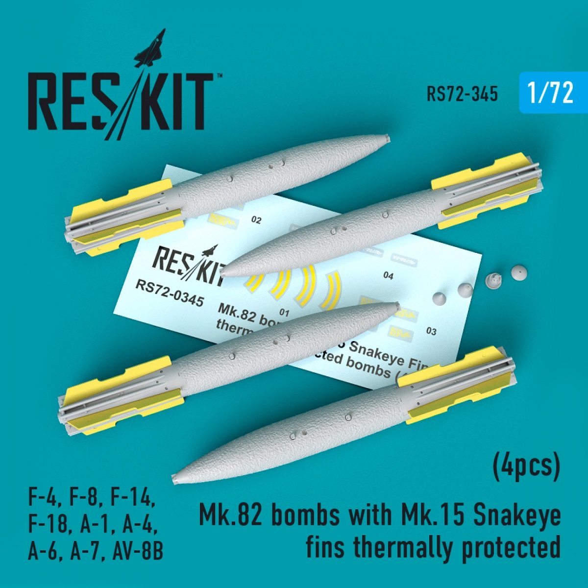 RESKIT RS72-0345 MK.82 BOMBES AVEC AILETTES ŒIL DE SERPENT MK.15 À PROTECTION THERMIQUE (4 PIÈCES) 1/72
