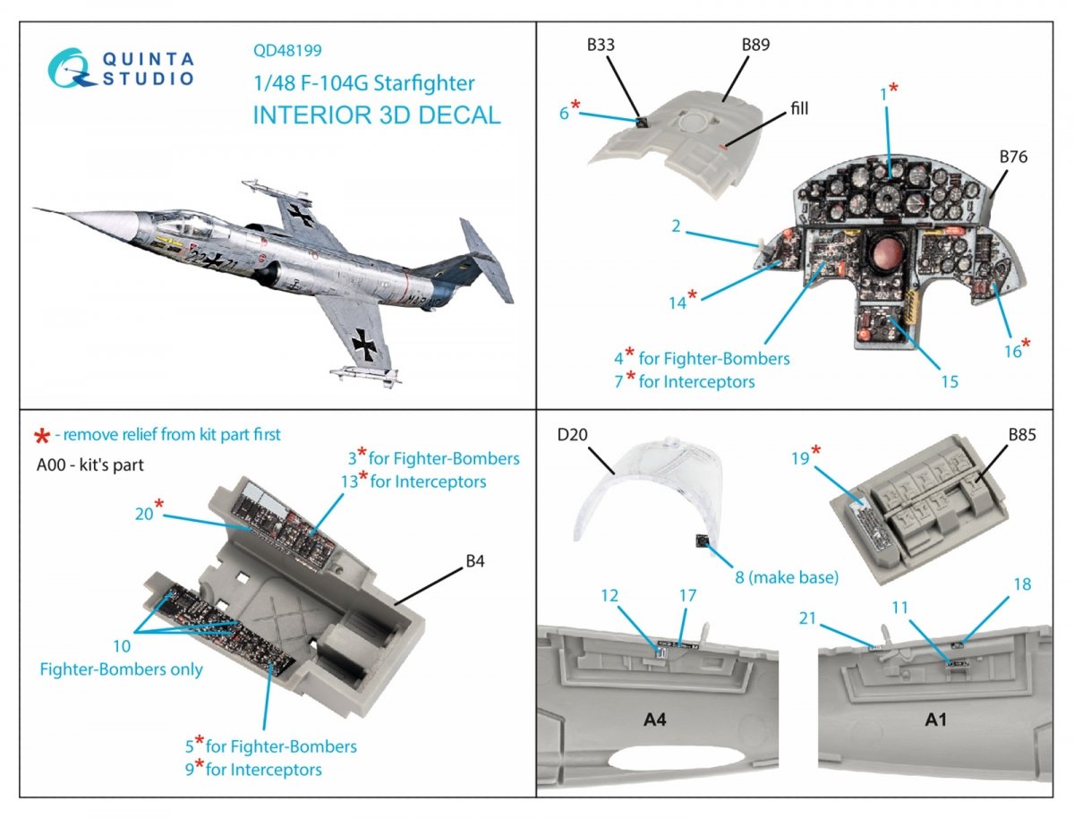 Quinta Studio QD48199 F-104G 3D-Printed &amp;amp; coloured Interior on decal paper (Kinetic) 1/48 – immagine 2