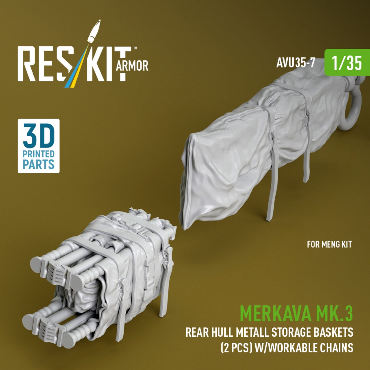 RESKIT AVU35-0007 Merkava Mk.3 rear hull metall storage baskets (2 pcs) w/workable chains for Meng kit (3D Printed) 1/35