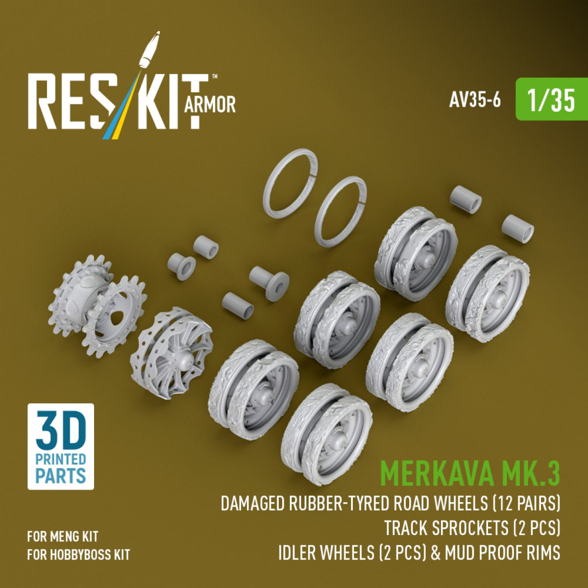 RESKIT AV35-0006 Merkava Mk.3 damaged rubber-tyred road wheels (12 pairs), track sprockets (2 pcs), idler wheels (2 pcs) &amp; mud proof rims for Meng/HobbyBoss kit (3D Printed) 1/35