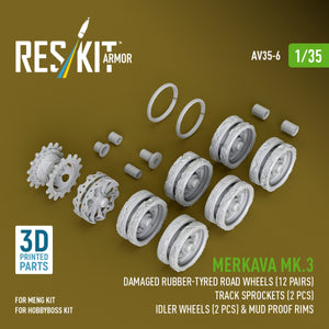 RESKIT AV35-0006 Merkava Mk.3 damaged rubber-tyred road wheels (12 pairs), track sprockets (2 pcs), idler wheels (2 pcs) &amp; mud proof rims for Meng/HobbyBoss kit (3D Printed) 1/35