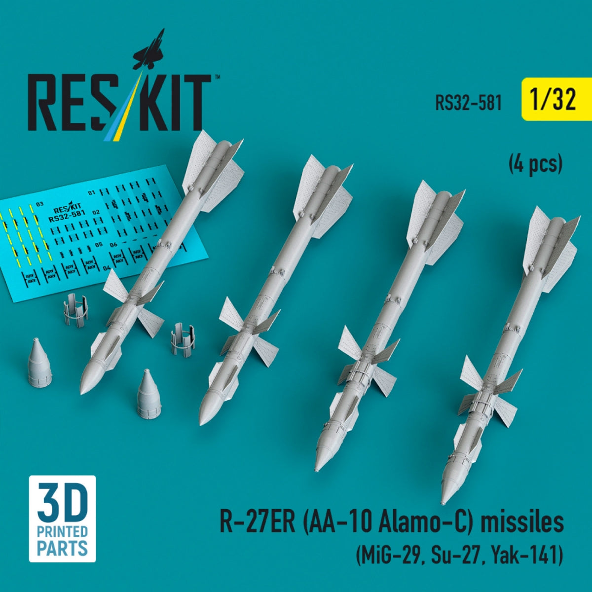 RESKIT RS32-0581 R-27ER (AA-10 Alamo-C) missiles (4 pcs) (MiG-29, Su-27, Yak-141) (3D Printed) 1/32