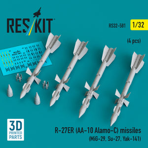 RESKIT RS32-0581 R-27ER (AA-10 Alamo-C) missiles (4 pcs) (MiG-29, Su-27, Yak-141) (3D Printed) 1/32