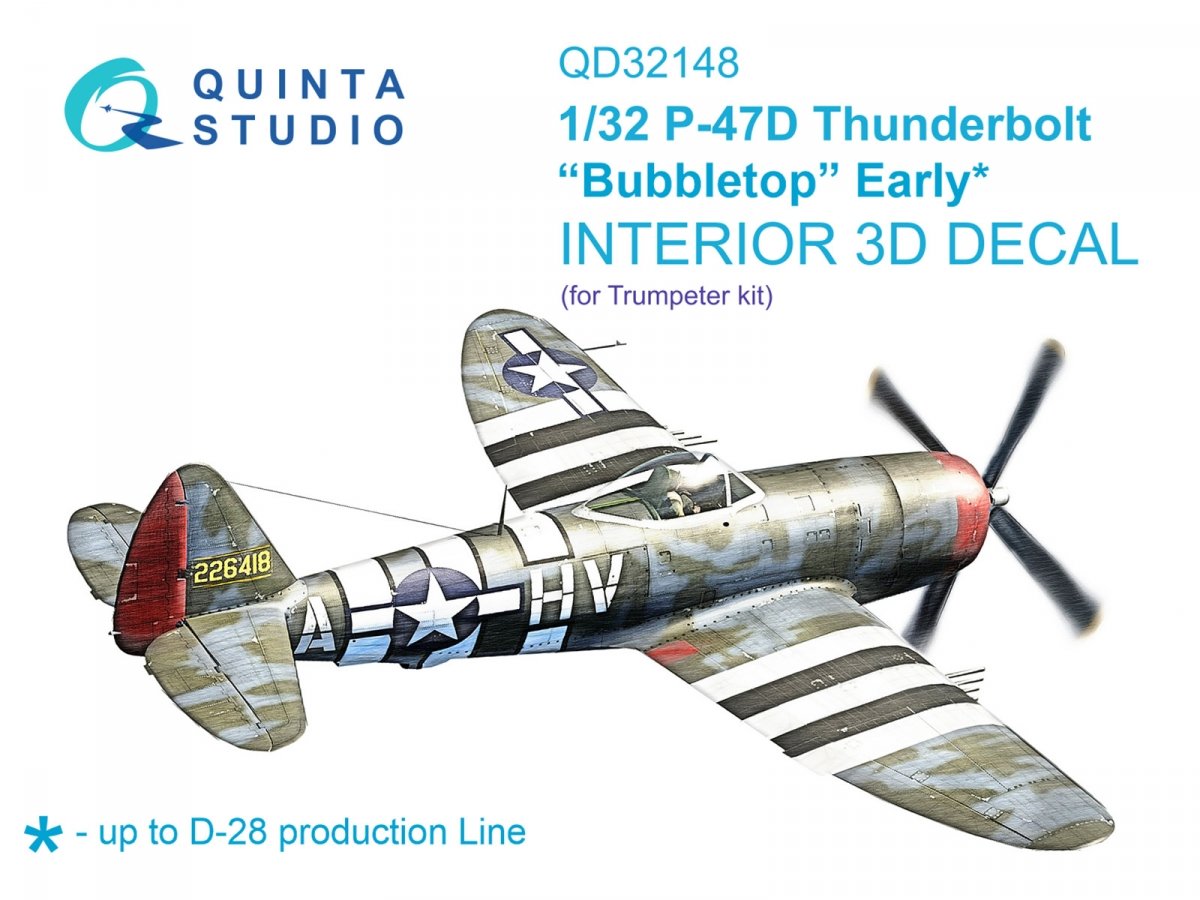 Quinta Studio QD32148 P-47D Thunderbolt Bubbletop Early 3D-Printed &amp;amp; colored Interior on decal paper (Trumpeter) 1/32