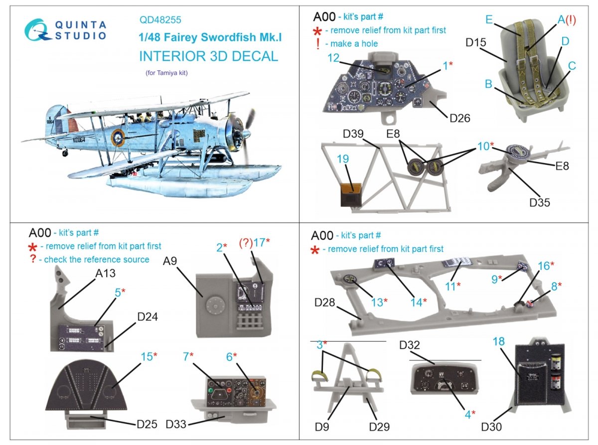 Quinta Studio QD48255 Swordfish Mk.I 3D-Printed &amp;amp; coloured Interior on decal paper ( Tamiya ) 1/48 – immagine 2