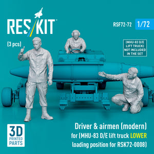 RESKIT RSF72-0072 Driver &amp;amp; airmen (modern) (3 pcs) (MHU-83 D/E lift truck LOWER loading position for RSK72-0008) (3D Printed) 1/72