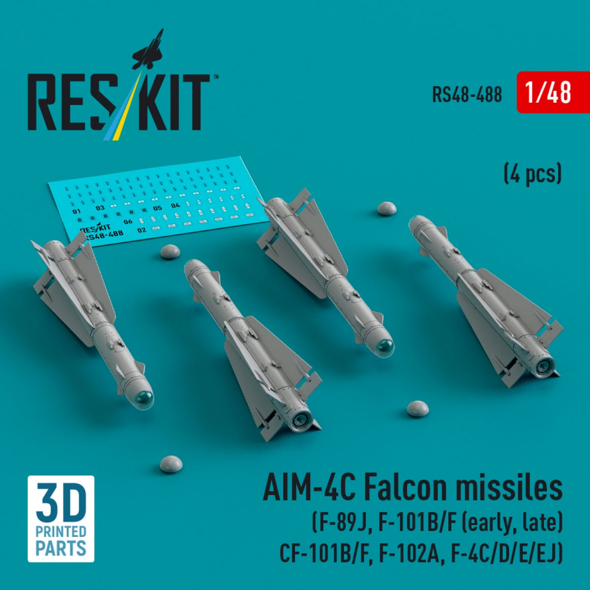 Missiles AIM-4C Falcon RESKIT RS48-0488 (4 pièces) (Impression 3D) 1/48