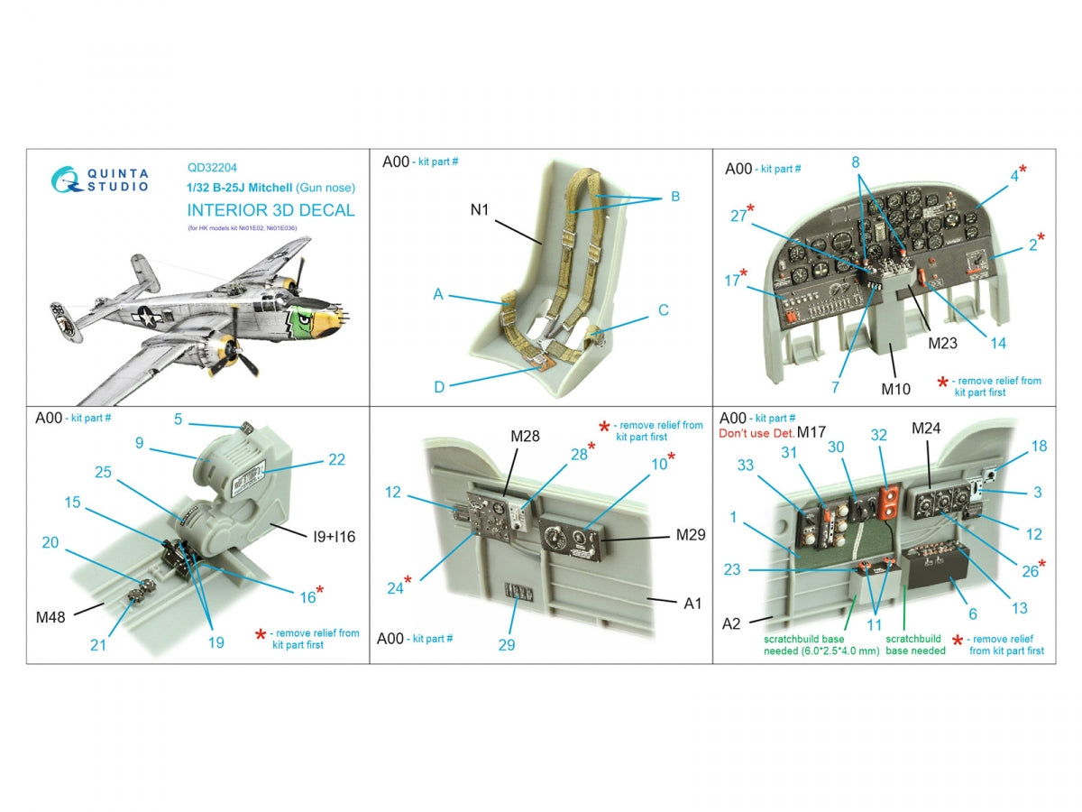 Quinta Studio QD32204 B-25J Mitchell Gun nose 3D-Printed &amp;amp; coloured Interior on decal paper (HK models) 1/32 – immagine 2