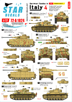 Star Decals 72-A1024 Chars allemands en Italie n° 4. PzKpfw III et IV. Échelle 1/72