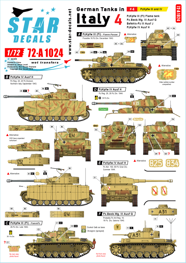 Star Decals 72-A1024 Chars allemands en Italie n° 4. PzKpfw III et IV. Échelle 1/72