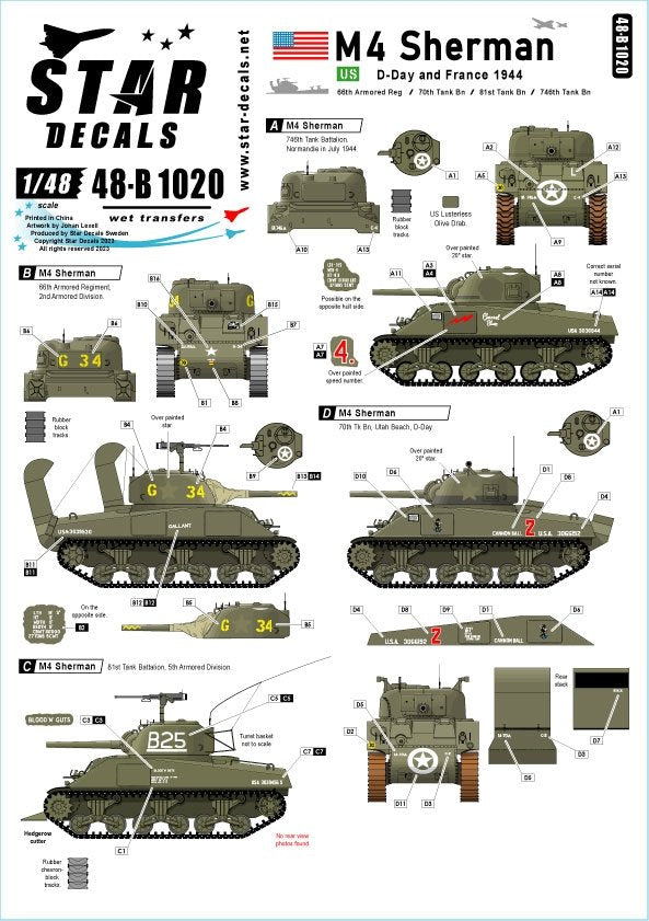 Star Decals 48-B1020 US M4 Sherman. Débarquement et France 1944. Échelle 1/48