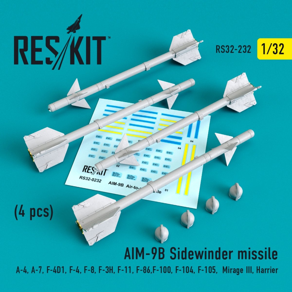 RESKIT RS32-0232 MISSILES AIM-9B SIDEWINDER (4 PIÈCES) 1/32 