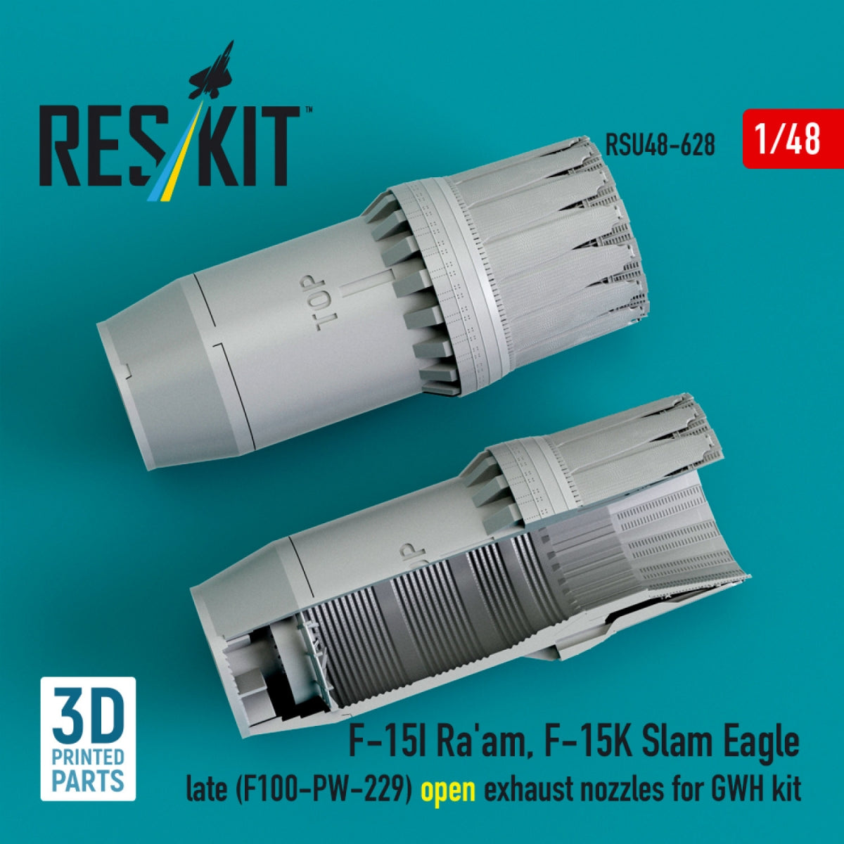 RESKIT RSU48-0628 F‑15I Ra'am, F‑15K Slam Eagle late (F100-PW-229) open exhaust nozzles for GWH kit (3D Printed) 1/48