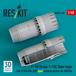 RESKIT RSU48-0628 F‑15I Ra'am, F‑15K Slam Eagle late (F100-PW-229) open exhaust nozzles for GWH kit (3D Printed) 1/48