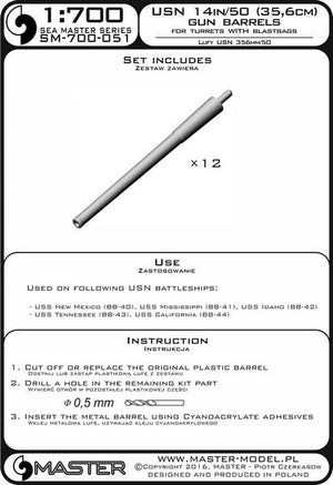 Master SM-700-051 USN 14in/50 (35,6 cm) gun barrels - for turrets with blastbags (12pcs) - New Mexico (BB-40) and Tennessee (BB-43) classes 1/700 – Bild 3