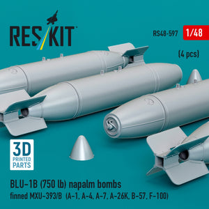 RESKIT RS48-0597 BLU-1B (750 lb) napalm bombs finned MXU-393/B (4 pcs) (A-1, A-4, A-7, A-26K, B-57, F-100) (3D Printed) 1/48