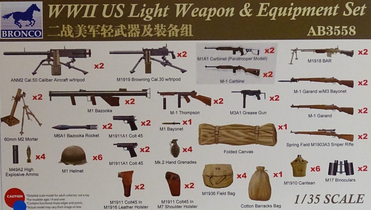 Bronco AB3558 Ensemble d'armes et d'équipements légers américains de la Seconde Guerre mondiale au 1/35
