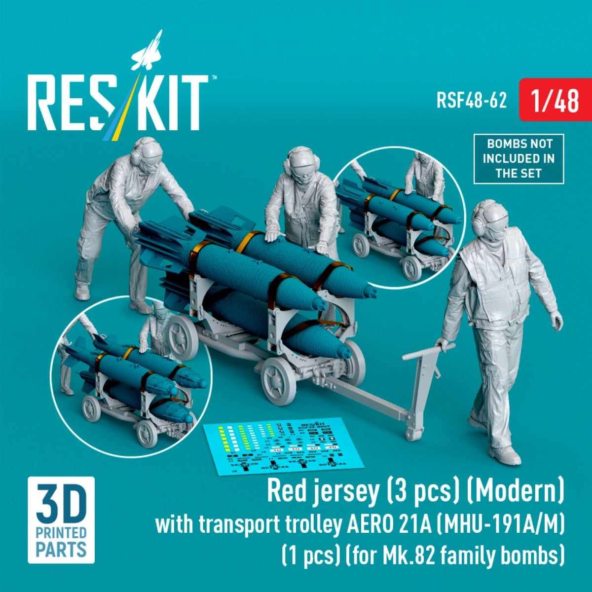 RESKIT RSF48-0062 Red jersey (3 pcs) (Modern) with transport trolley AERO 21A (MHU-191A/M) (1 pcs) (for Mk.82 family bombs) (3D Printed) 1/48