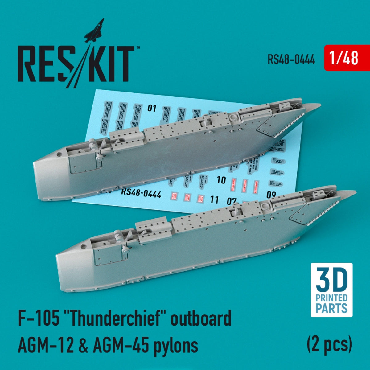 RESKIT RS48-0444 F-105 « THUNDERCHIEF » PYLÔNES EXTÉRIEURS AGM-12 ET AGM-45 (2 PIÈCES) (IMPRIMÉS EN 3D) 1/48
