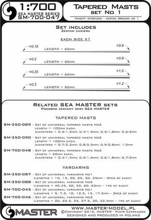 Master SM-700-047 Set of universal tapered masts No1 (length = 60mm each, diameters = 0,15/0,6mm; 0,2/0,8mm; 0,25/1mm; 0,3/1,2mm) 1/700 – immagine 3