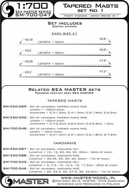 Master SM-700-047 Set of universal tapered masts No1 (length = 60mm each, diameters = 0,15/0,6mm; 0,2/0,8mm; 0,25/1mm; 0,3/1,2mm) 1/700 – immagine 3