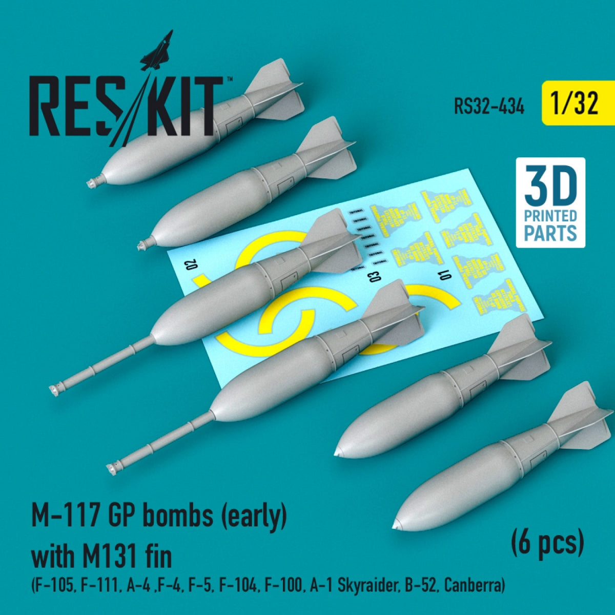 RESKIT RS32-0434 Bombes GP M-117 (première version) avec aileron M131 (6 pièces) (impression 3D) 1/32