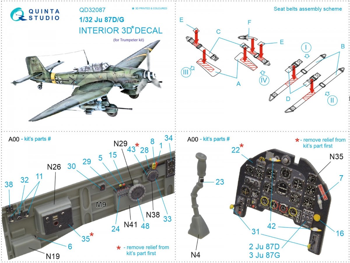 Quinta Studio QD32087 Ju87 D/G 3D-Printed &amp;amp; coloured Interior on decal paper (Trumpeter) 1/32 – immagine 8