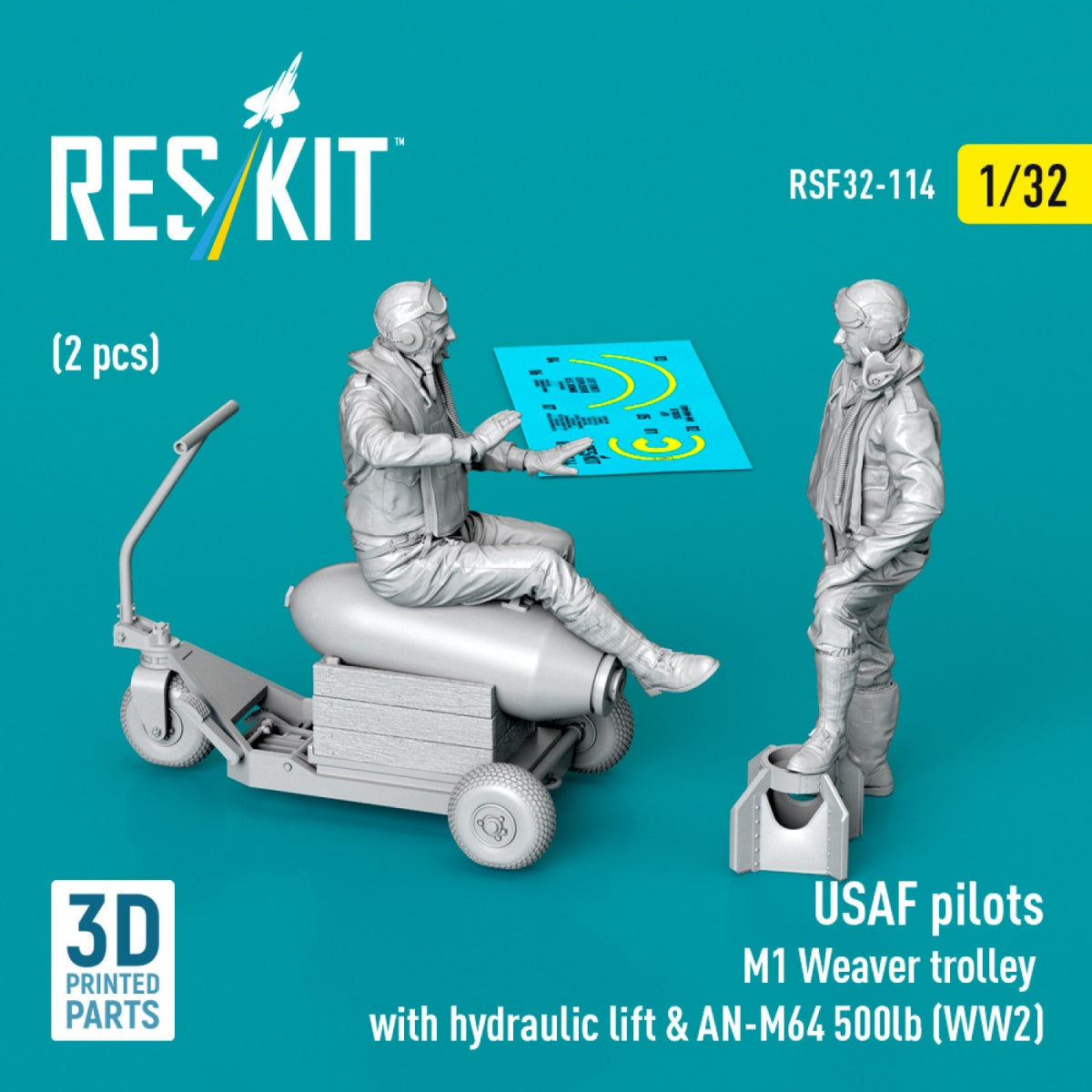RESKIT RSF32-0114 USAF pilots (2 pcs) &amp; M1 Weaver trolley with hydraulic lift &amp; AN-M64 500lb (WW2) (3D Printed) 1/32