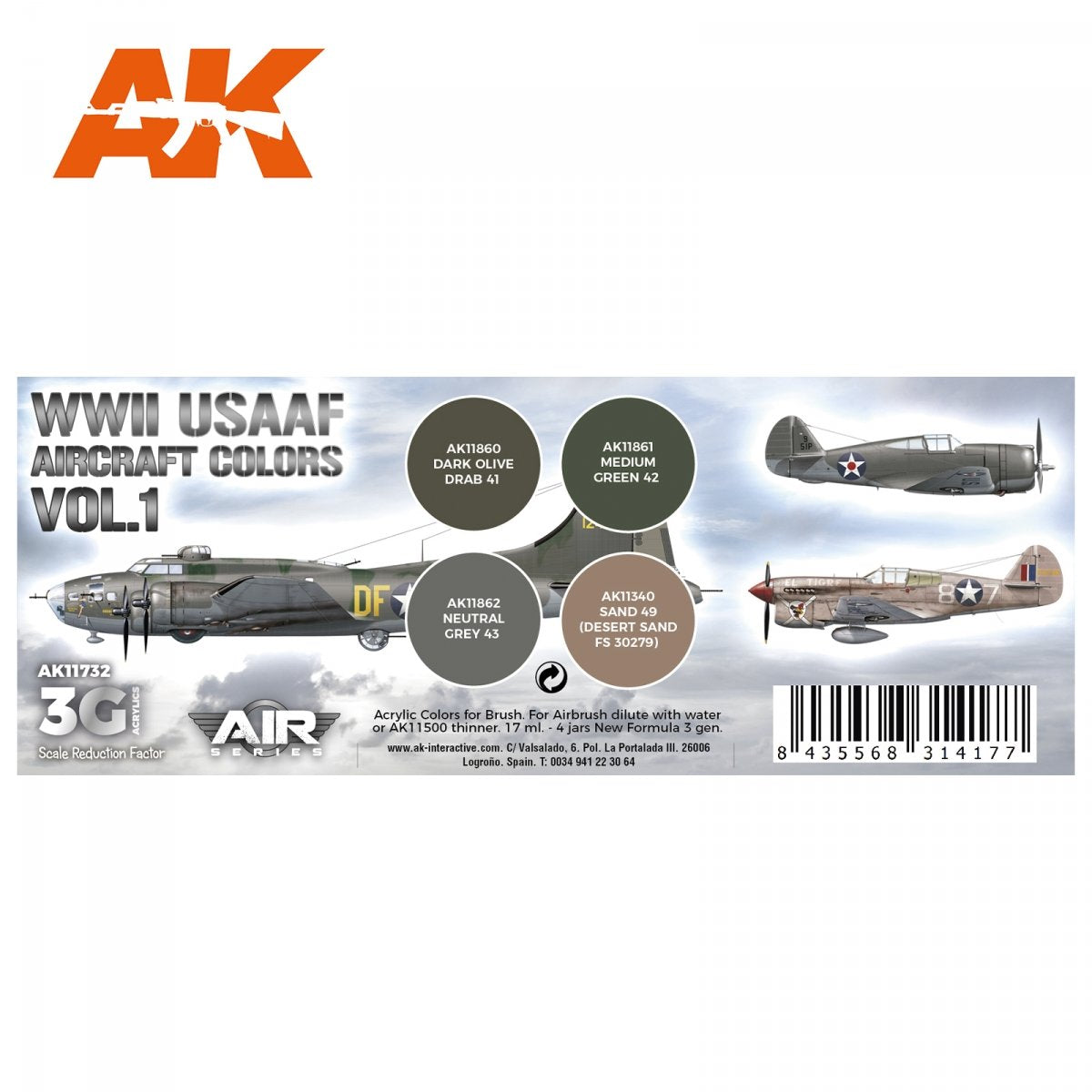 AK Interactive AK11732 WWII USAAF AIRCRAFT COLORS VOL.1 3x17 ml – immagine 2