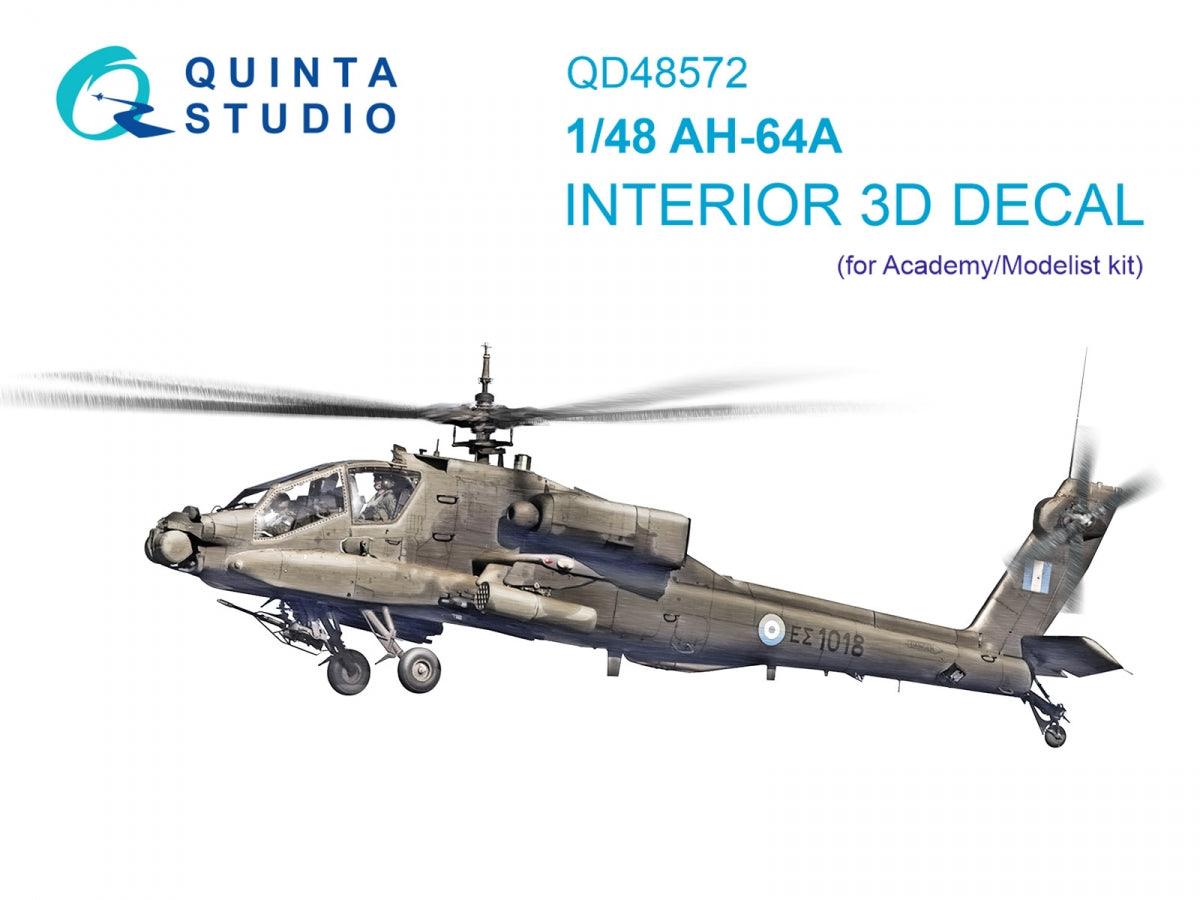 Quinta Studio QD48572 AH-64A 3D-Printed &amp;amp; coloured Interior on decal paper (Academy/Modelist) 1/48